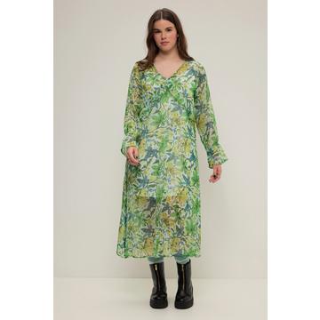 Maxikleid, A-Line, Chiffon, Blumen-Print, V-Ausschnitt, Langarm