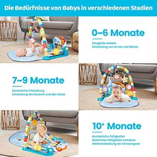 Activity-board  Drap de jeu pour bébé, tapis de jeu et salle de sport avec musique et lumières – Jouet éducatif pour bébé et tout-petit de 0 à 3 à 6 à 12 mois – Couverture de jeu – Tapis de piano Kick &amp; Play – Bleu 
