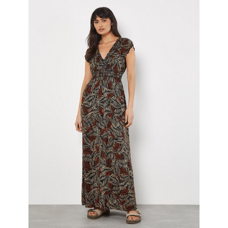 Robe longue smockée à imprimé feuilles rustiques