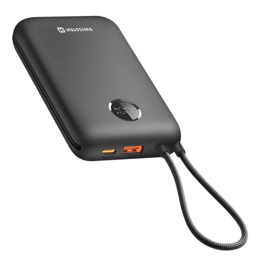 SWISSTEN  Batterie Externe 20000mAh Câbles USB-C et Lightning intégrés Écran LED 