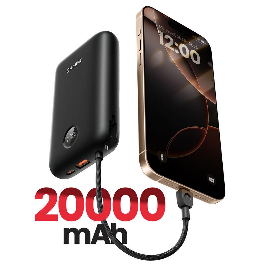 SWISSTEN  Batterie Externe 20000mAh Câbles USB-C et Lightning intégrés Écran LED 