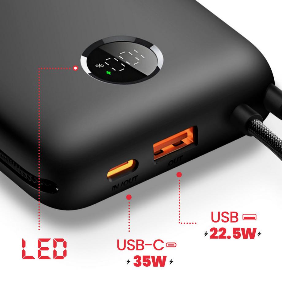SWISSTEN  Batterie Externe 20000mAh Câbles USB-C et Lightning intégrés Écran LED 