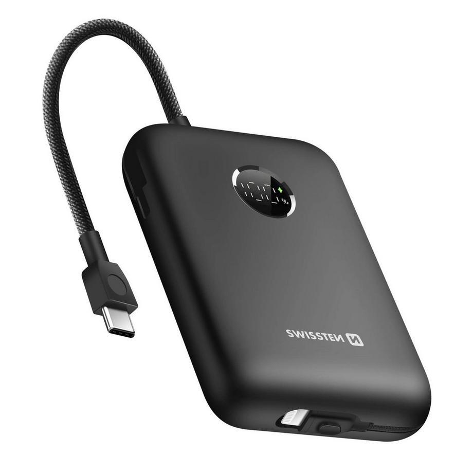SWISSTEN  Batterie Externe 20000mAh Câbles USB-C et Lightning intégrés Écran LED 