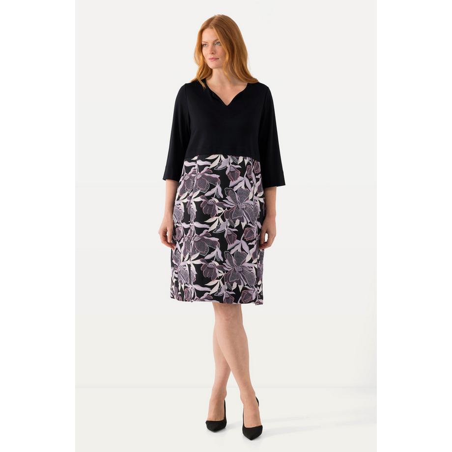 Ulla Popken Robe Mélange de Matières Col Tunisien Manches 3/4  