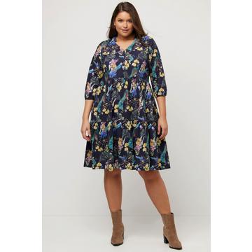 Tunikakleid, Pfauen, A-Linie, V-Ausschnitt, 3/4-Arm