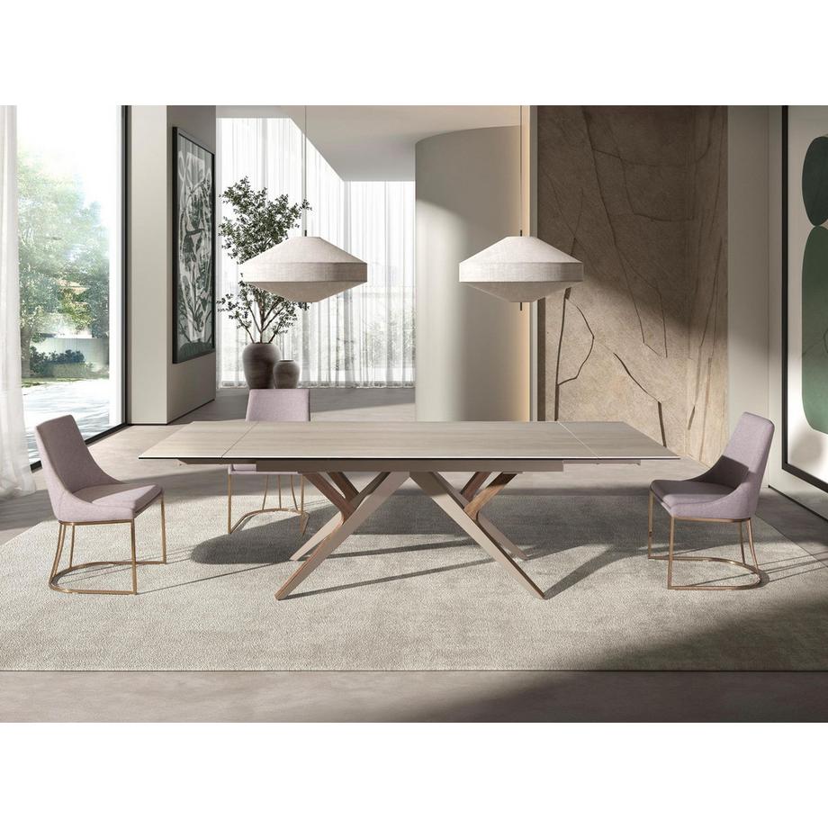 ANGEL CERDA Tavolo da pranzo rettangolare allungabile in marmo porcellanato, acciaio sabbia metallizzato e noce  