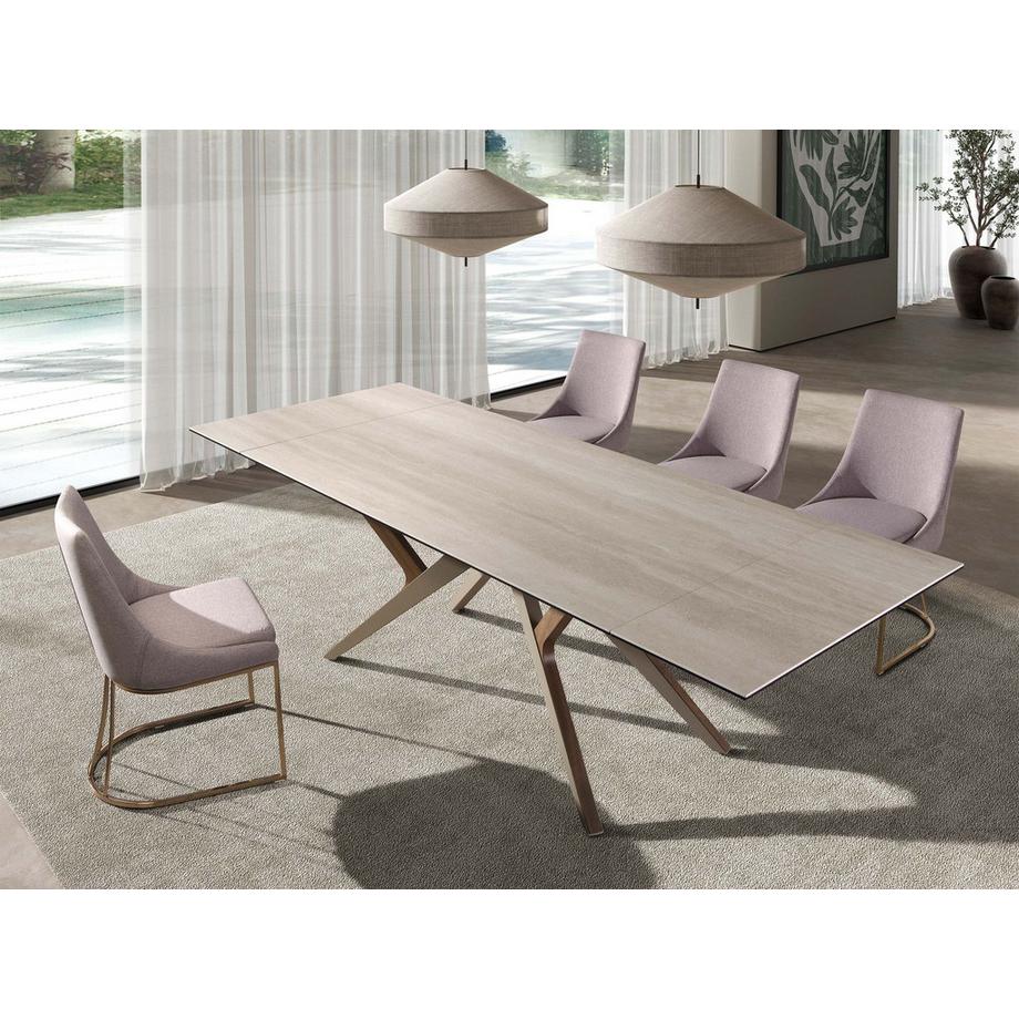 ANGEL CERDA Tavolo da pranzo rettangolare allungabile in marmo porcellanato, acciaio sabbia metallizzato e noce  