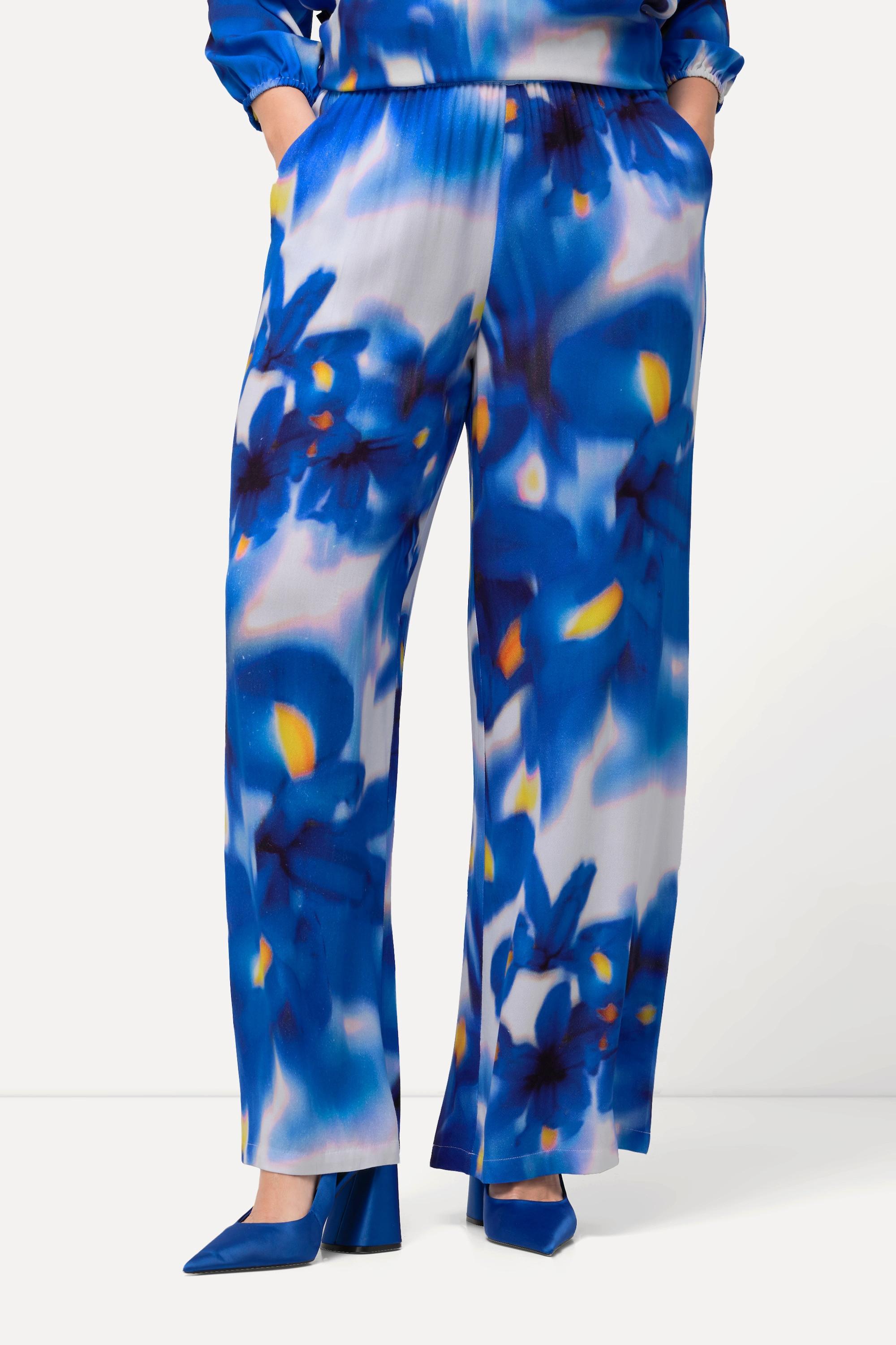 Ulla Popken  Pantalon à enfiler, fleurs, jambe large, taille élastique 