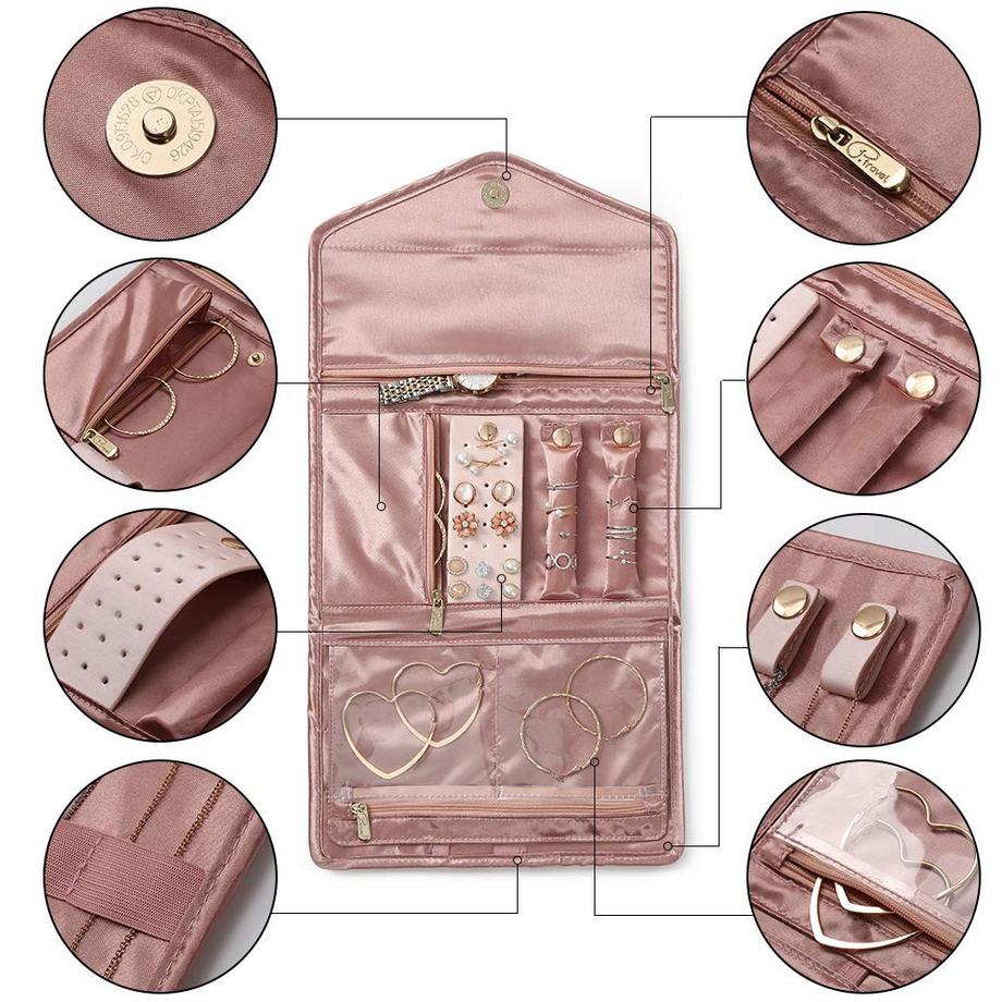 Only-bags.store  Schmuckrollen, Reiseschmuck-Organizer, faltbare Aufbewahrungstasche für Reiseringe, Halsketten, Ohrringe, Armbänder, Uhren, Broschen 