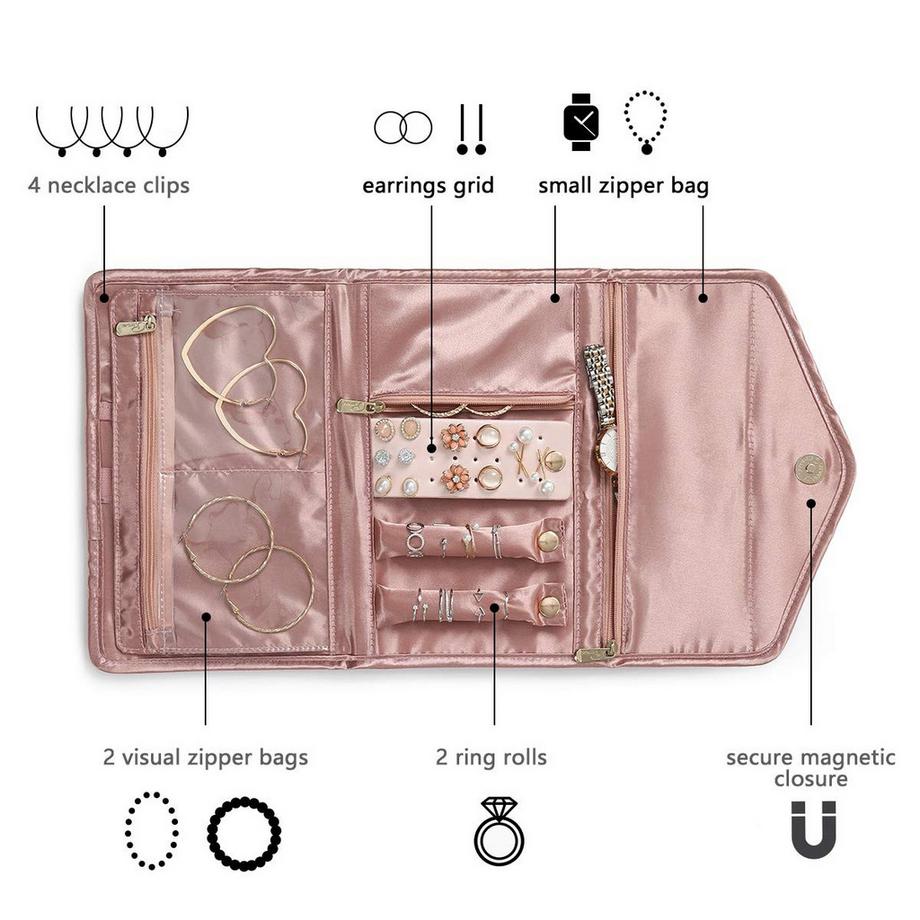 Only-bags.store  Schmuckrollen, Reiseschmuck-Organizer, faltbare Aufbewahrungstasche für Reiseringe, Halsketten, Ohrringe, Armbänder, Uhren, Broschen 