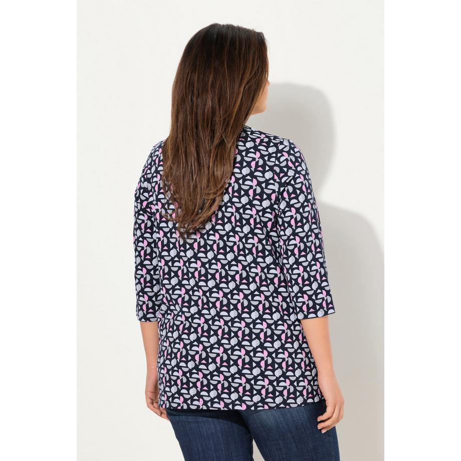 Ulla Popken T-shirt Scollo a V Taglio Svasato con Pieghe Decorative Maniche 3/4  