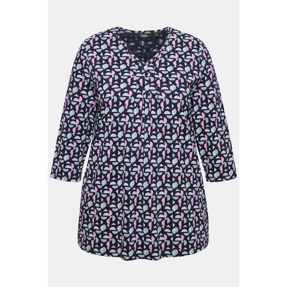 Ulla Popken T-shirt Scollo a V Taglio Svasato con Pieghe Decorative Maniche 3/4  