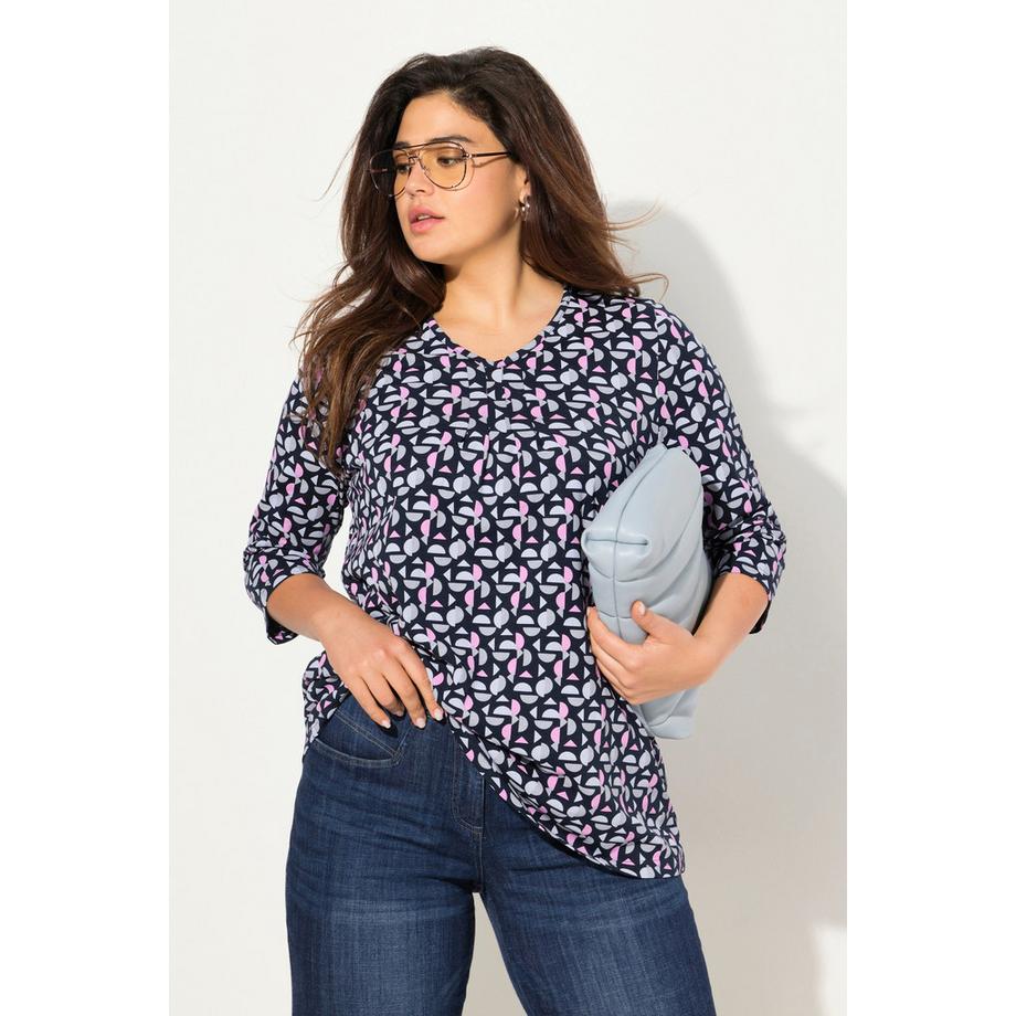 Ulla Popken T-shirt Scollo a V Taglio Svasato con Pieghe Decorative Maniche 3/4  