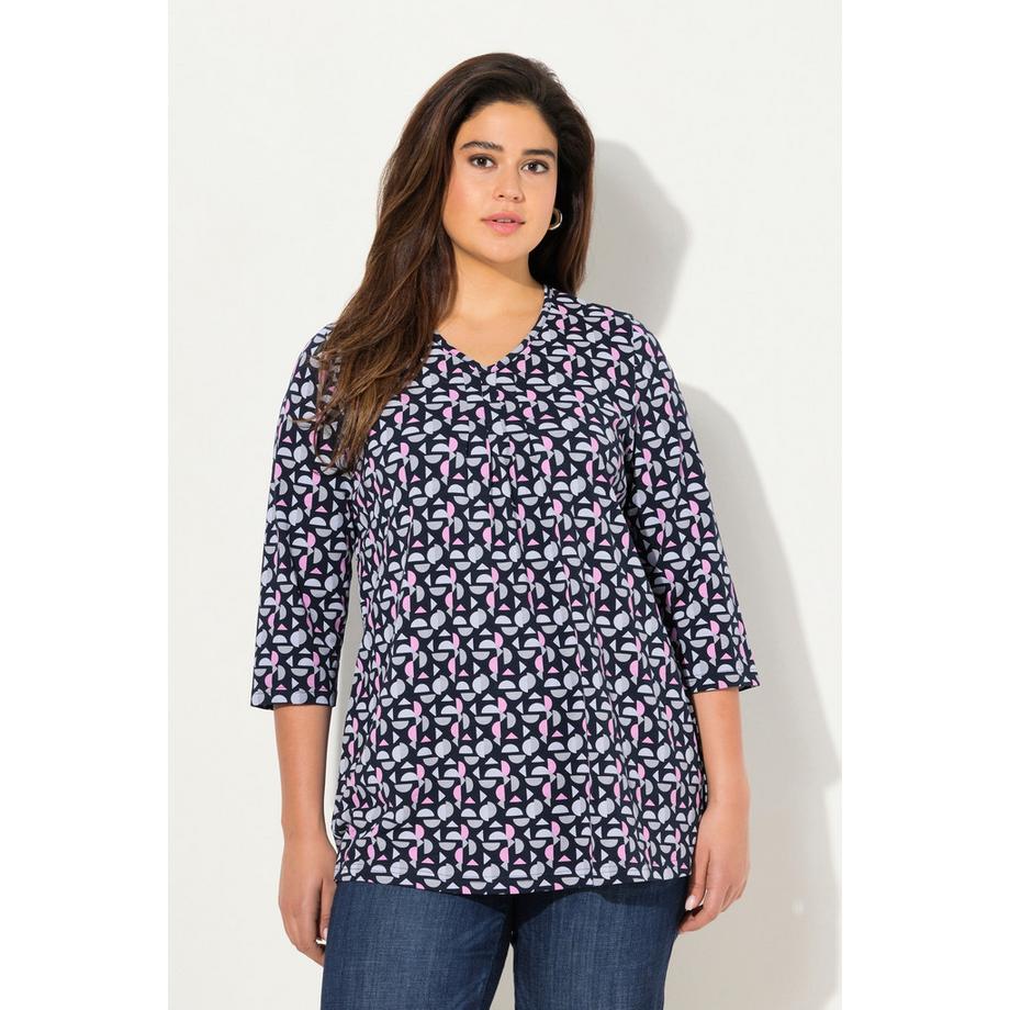 Ulla Popken T-shirt Scollo a V Taglio Svasato con Pieghe Decorative Maniche 3/4  