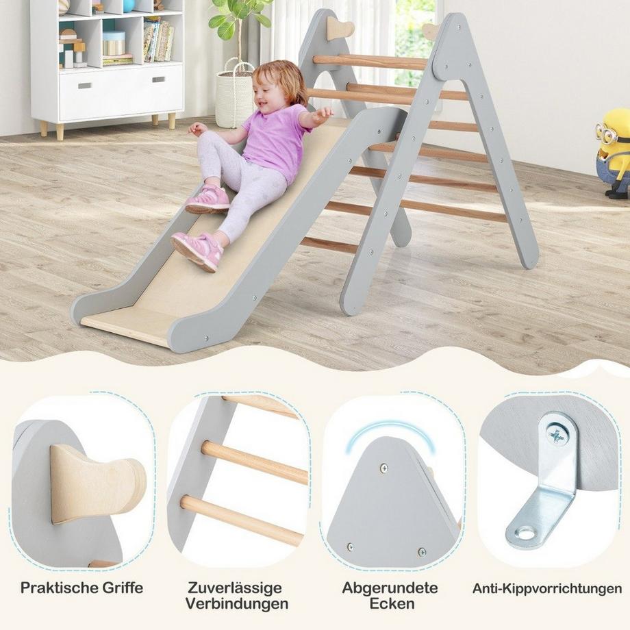B2X  Kletterdreieck mit Rutsche Klettergerüst aus Holz Sprossendreieck zum Rutschen und Klettern Grau 