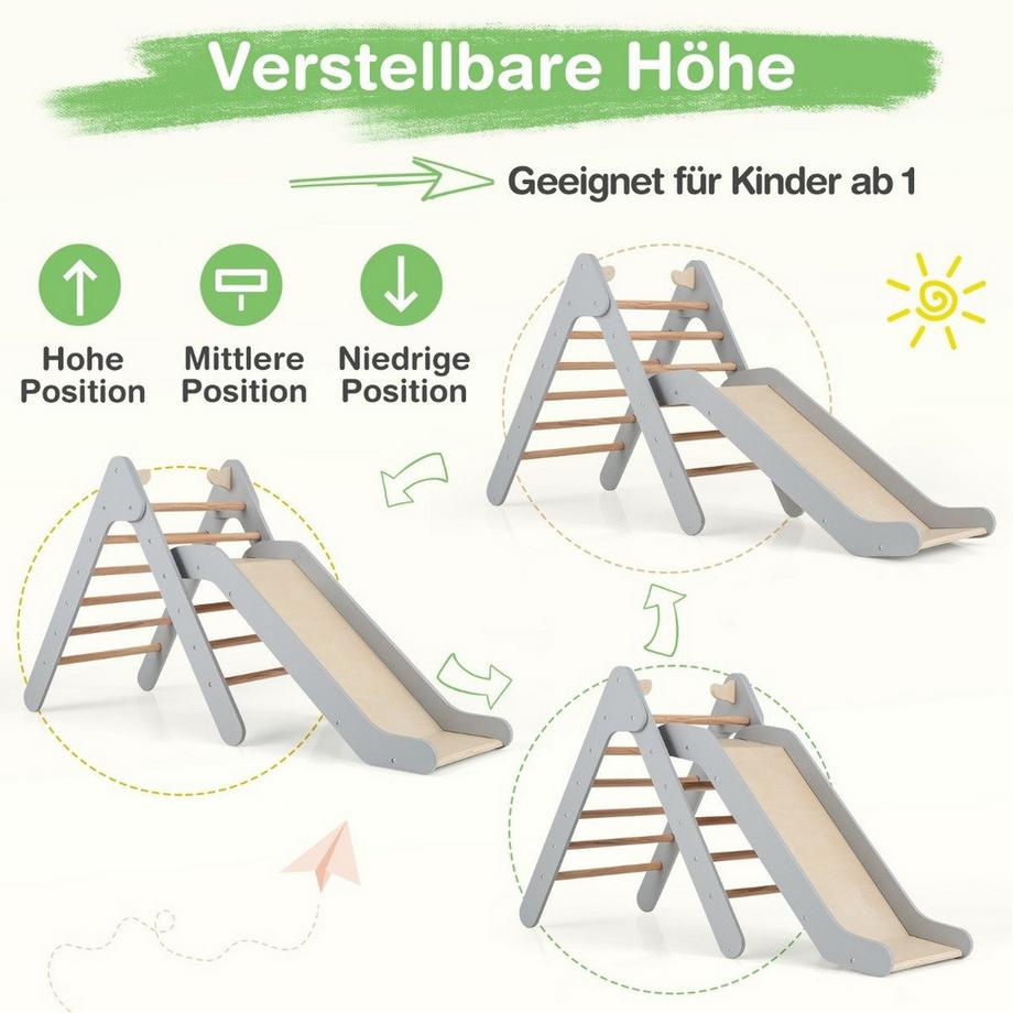 B2X  Kletterdreieck mit Rutsche Klettergerüst aus Holz Sprossendreieck zum Rutschen und Klettern Grau 