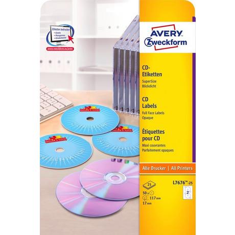 Avery-Zweckform Etichette per CD Avery-Zweckform L7676-25 Ø 117 mm Carta Bianco 50 pz. Permanente Opaco, Stampabile fino al fo  