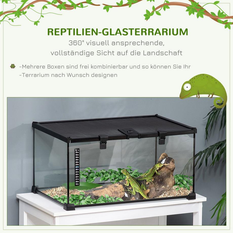 Northio  Terrarium Für Reptilien Reptile Fütterungsbox Glasterrarium Amphibien Spinnentiere Mit Thermometer Reptilienzuchtbox 50 X 30 X 25 Cm 