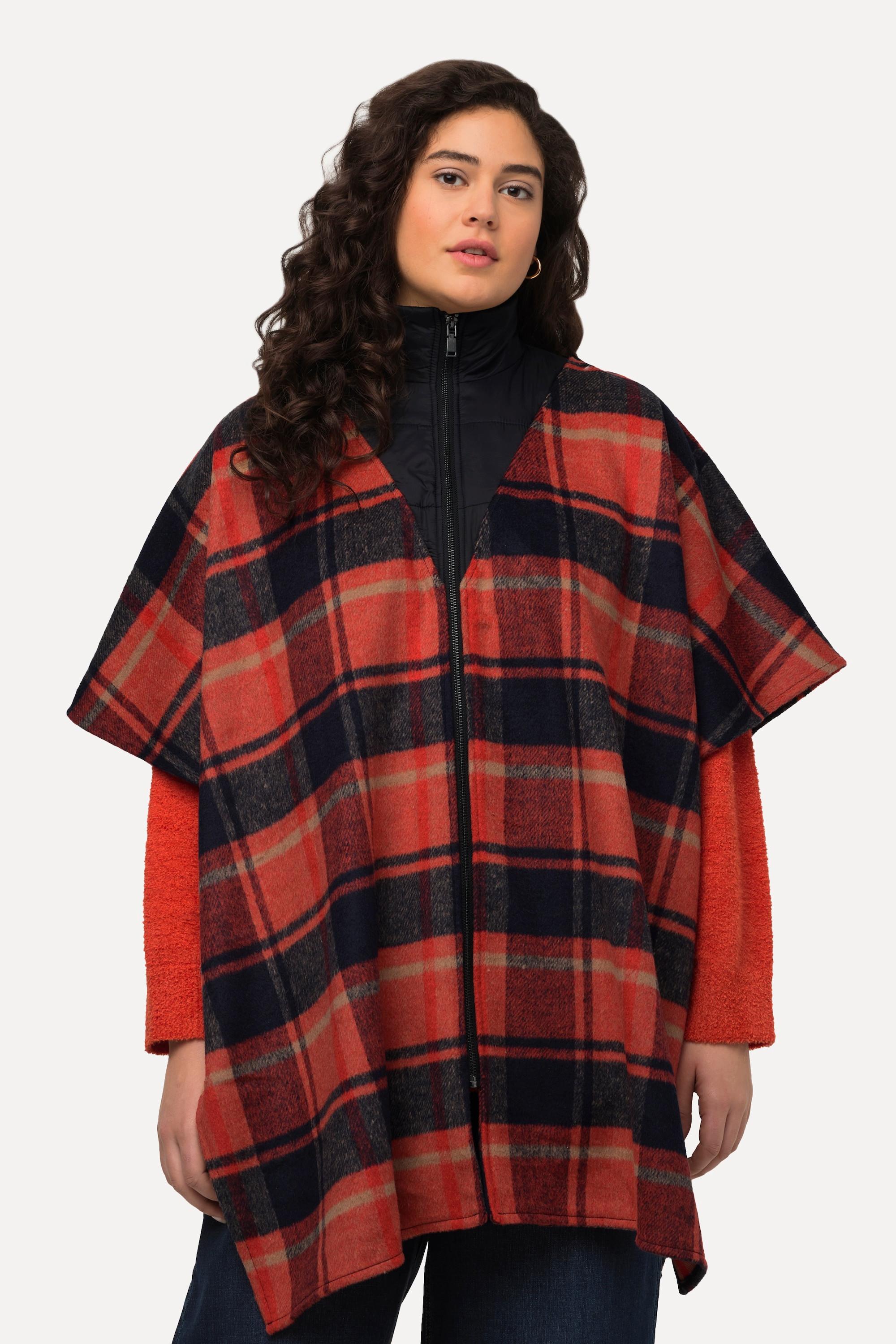 Ulla Popken  Poncho oversize à col camionneur et manches courtes, motif à carreaux 