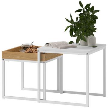 2er-Set Couchtisch, Eckiger Beistelltisch, Kaffeetisch mit Stahlgestell, Sofatisch im modern Design, für Wohnzimmer, bis 30 kg Belastbar, Weiß+Eiche