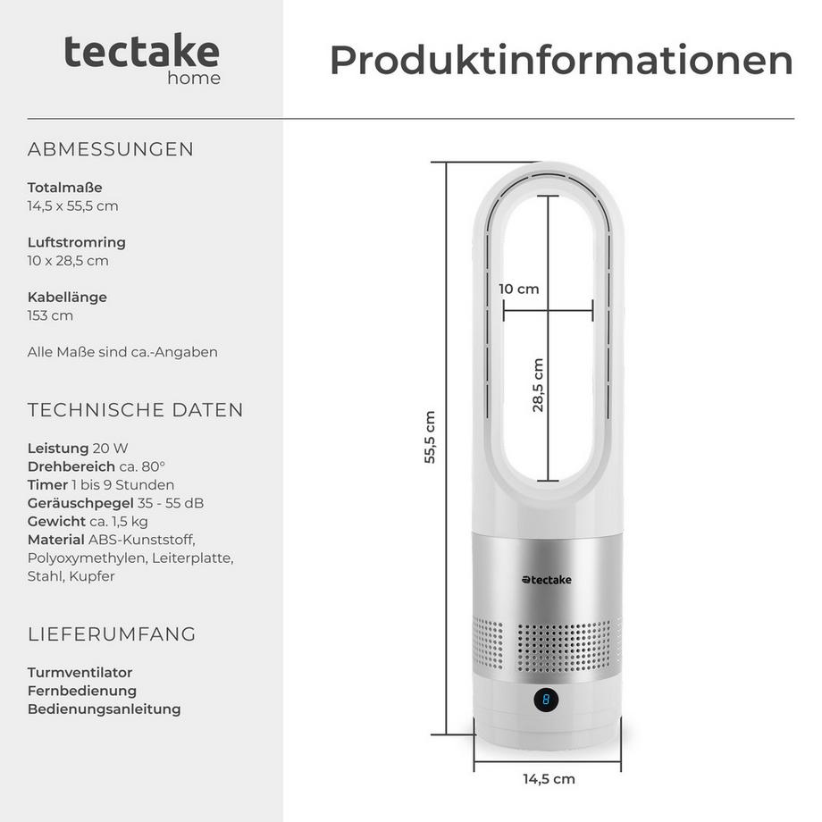 Tectake Ventilateur colonne POLAR 80° d'oscillation et 20 W  
