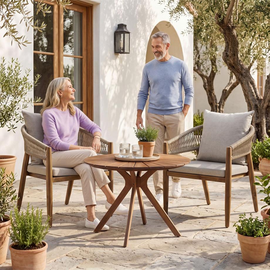 Tectake Set da giardino da 3 pezzi  Tavolo rotondo con motivo a raggi di sole e 2 sedie in stile «Rope»  