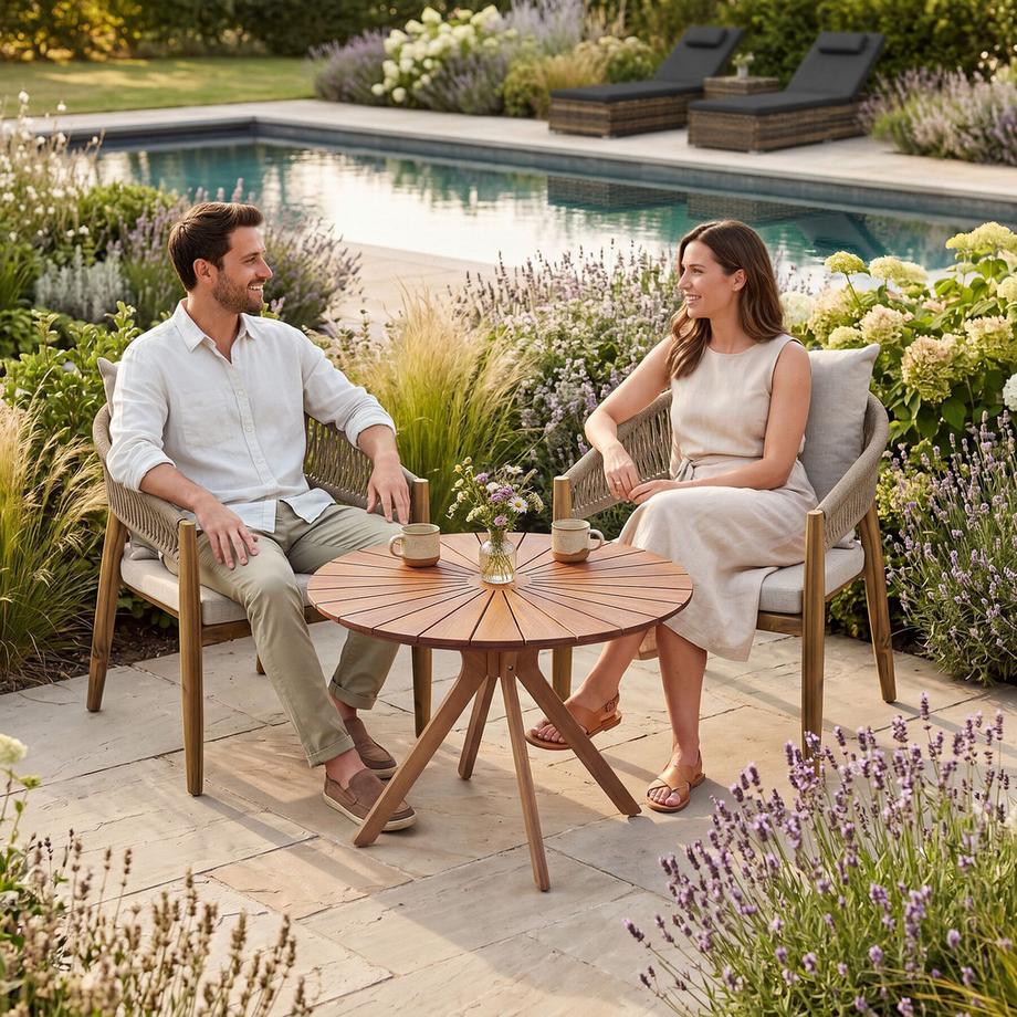 Tectake Set da giardino da 3 pezzi  Tavolo rotondo con motivo a raggi di sole e 2 sedie in stile «Rope»  