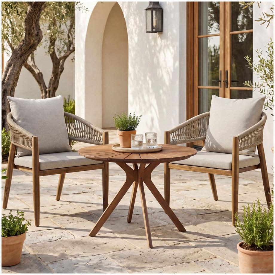 Ensemble de jardin 3 pièces  table ronde avec motif soleil et 2 chaises au design « Rope »