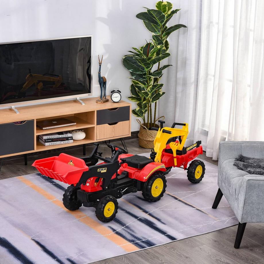 Northio  Trettraktor Mit Anhänger Tretbagger Traktor Mit Frontlader Kindertrettraktoren Ab 3 Jahre Bagger Kinder Stahl Kunststoff Rot 179 X 42 X 59 Cm 