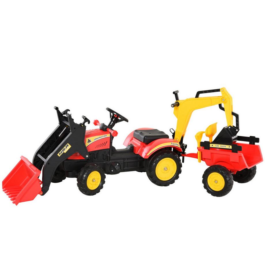 Northio  Trettraktor Mit Anhänger Tretbagger Traktor Mit Frontlader Kindertrettraktoren Ab 3 Jahre Bagger Kinder Stahl Kunststoff Rot 179 X 42 X 59 Cm 