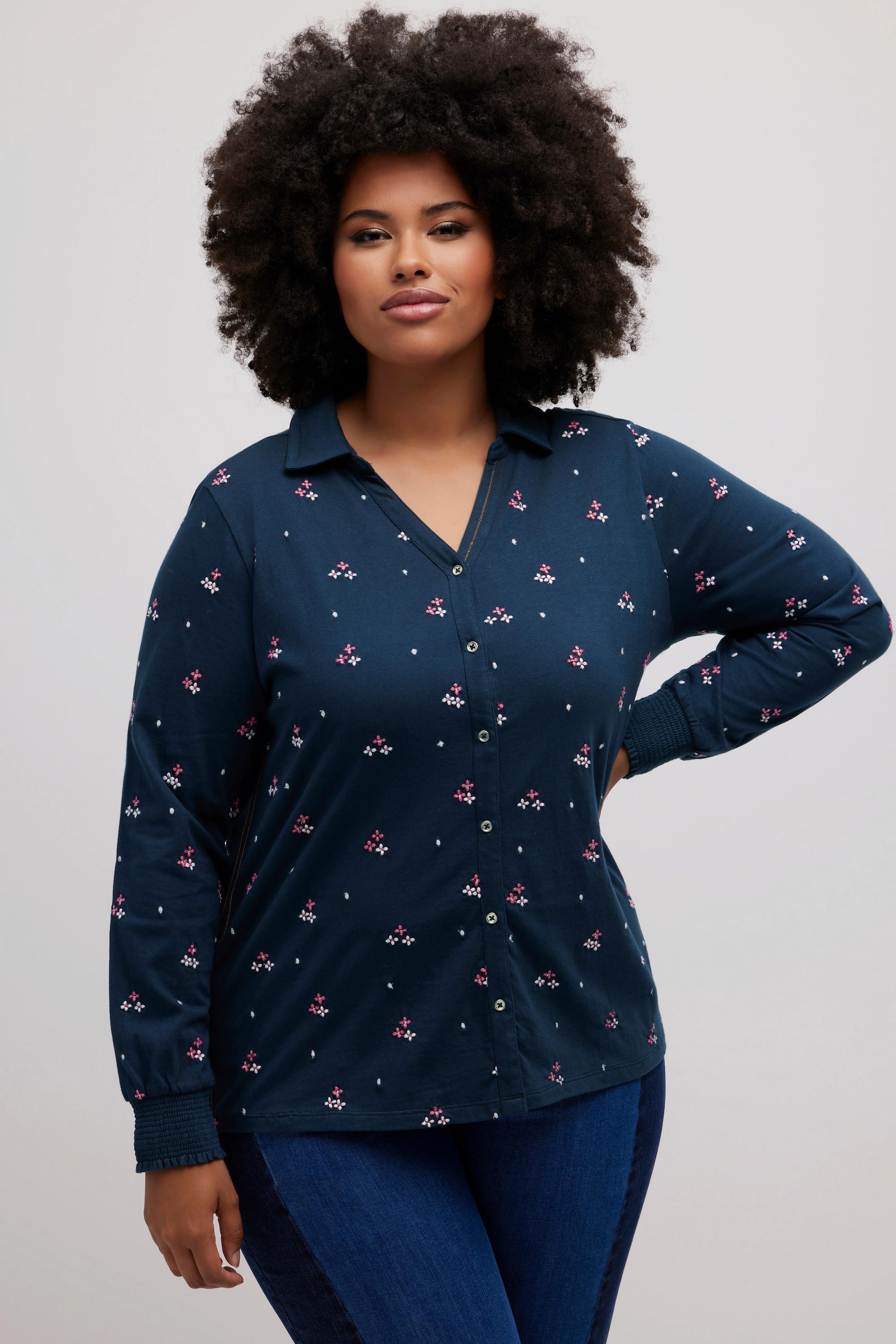 Ulla Popken  Jersey-Bluse, Stickerei, Gummisaum, Hemdkragen, Langarm 