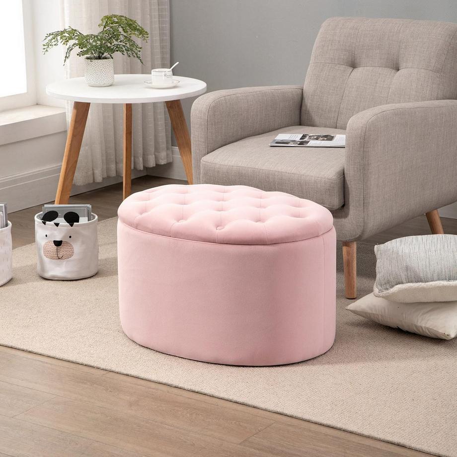 Northio Banc Rembourré Rose Avec Espace De Rangement, Polyester Velouté, Bois D'Hévéa, Forme Ovale, Pour Salon, 71 X 52 X 42 Cm  