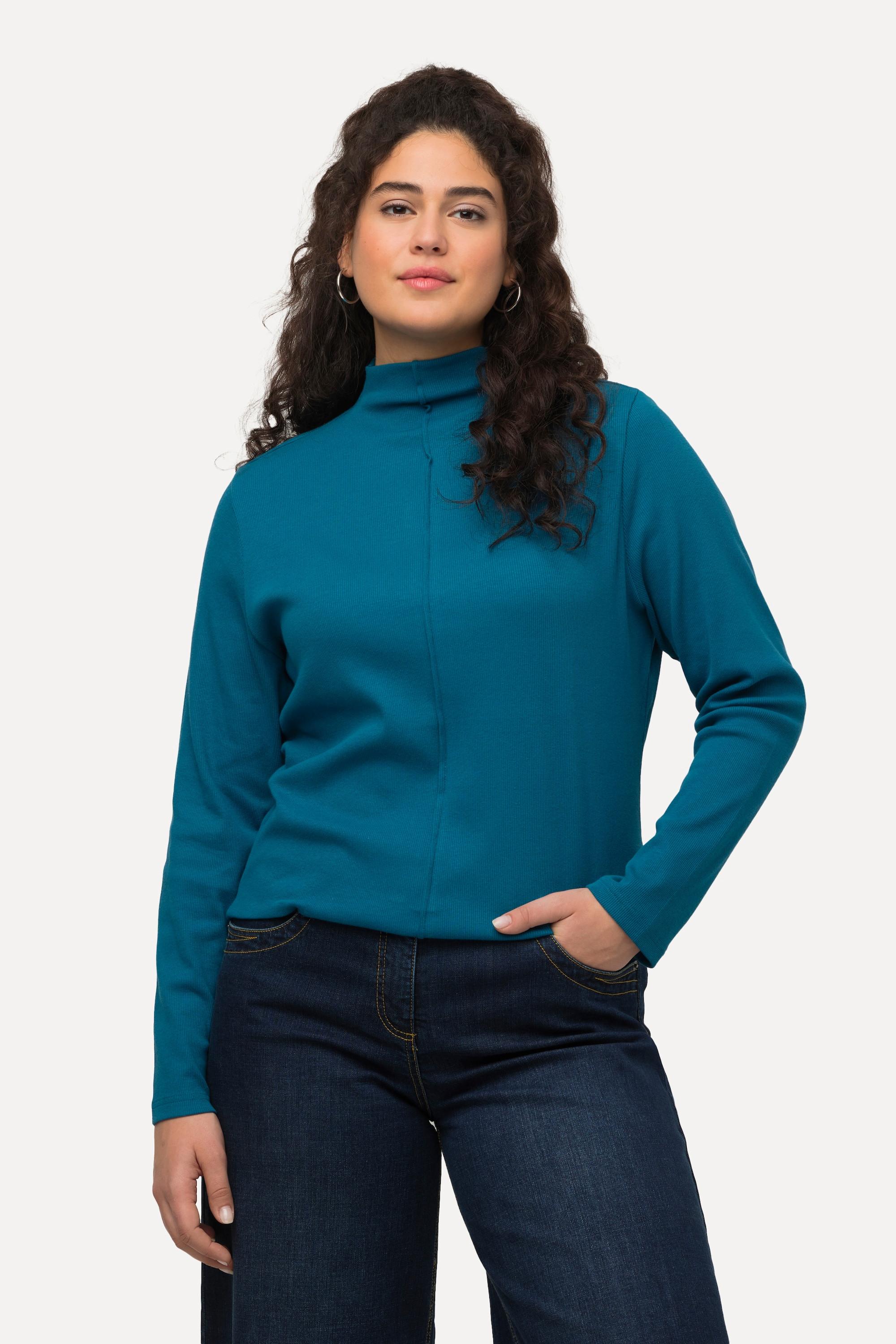 Ulla Popken  Shirt, Feinripp, Slim, Stehkragen, Ziernaht, Langarm 