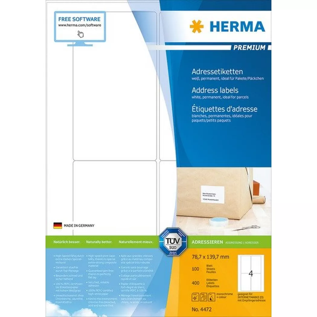 HERMA – Etiketten PREMIUM 78.7×139.7mm 4472 weiss,perm. 400 St./100 Bl., One Size