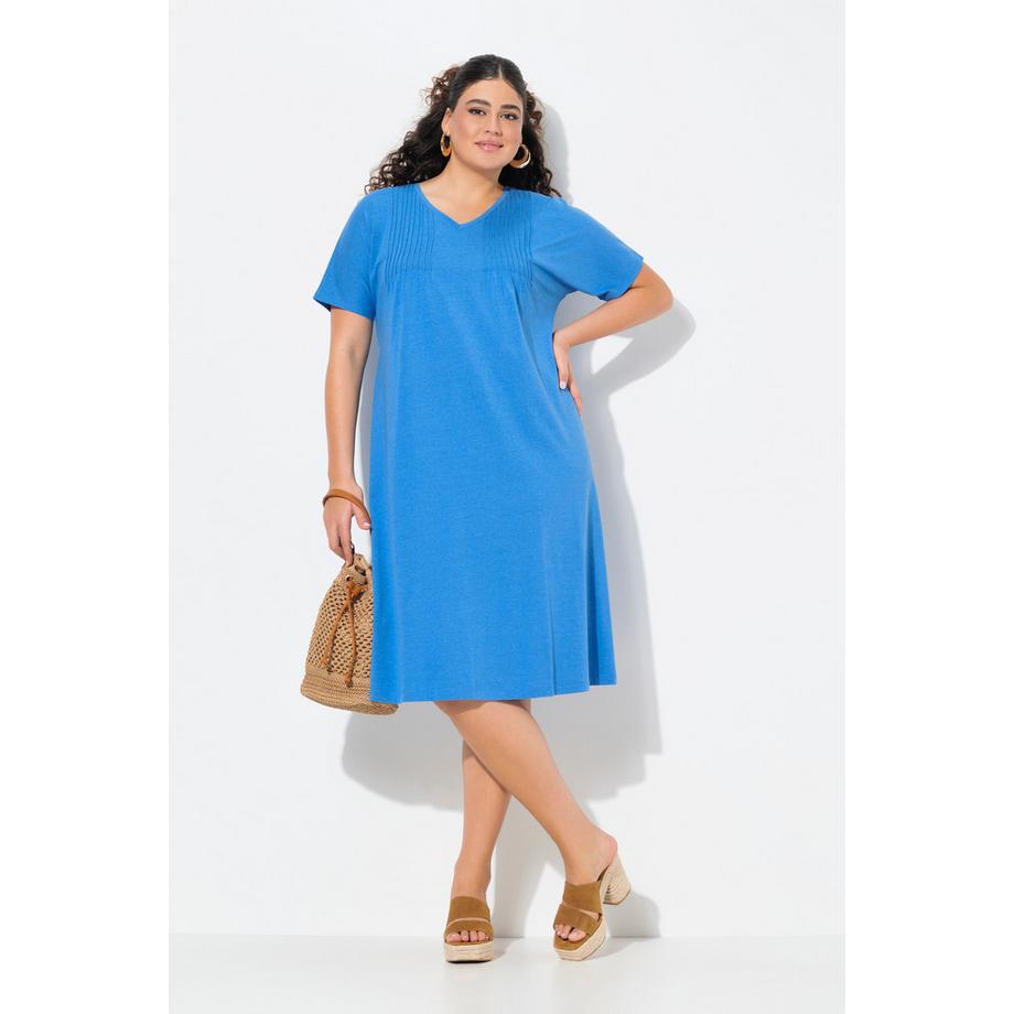 Ulla Popken Robe en Jersey Plis Fantaisie Coupe Évasée Col V Manches Courtes  