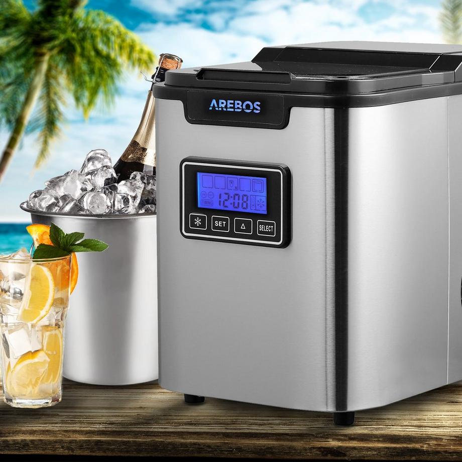 Arebos Eiswürfelmaschine Edehlstahl 2,2L LCD Eiswürfelbereiter Icemaker 12 kg/24h  