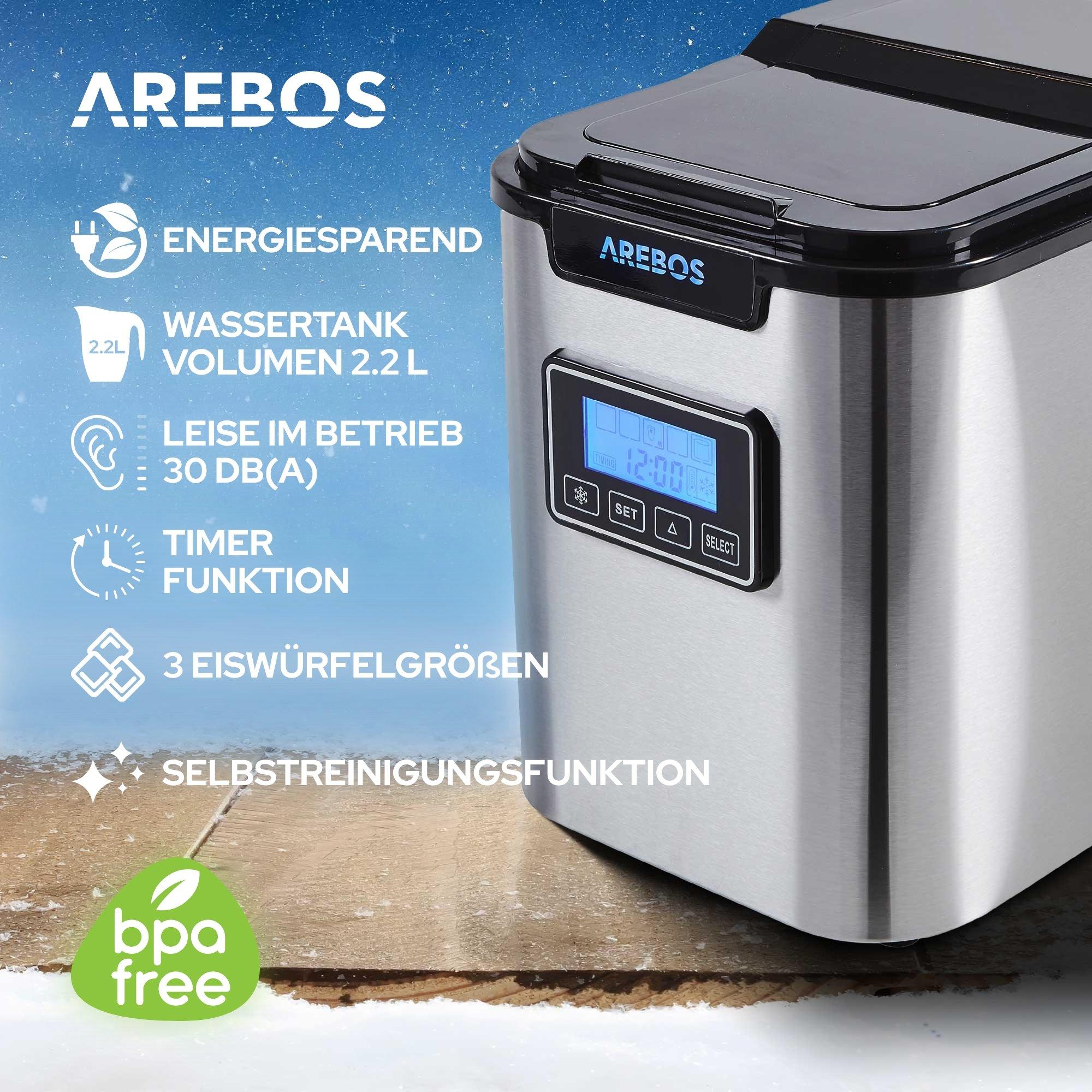 Arebos Eiswürfelmaschine Edehlstahl 2,2L LCD Eiswürfelbereiter Icemaker 12 kg/24h  