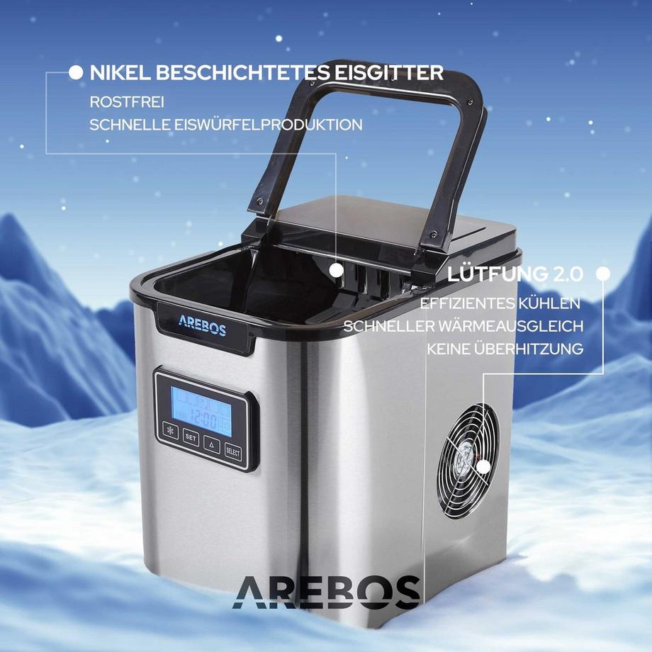 Arebos Eiswürfelmaschine Edehlstahl 2,2L LCD Eiswürfelbereiter Icemaker 12 kg/24h  