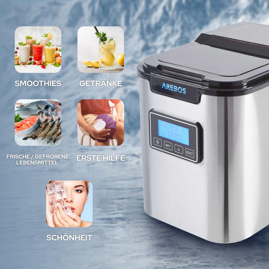 Arebos Eiswürfelmaschine Edehlstahl 2,2L LCD Eiswürfelbereiter Icemaker 12 kg/24h  