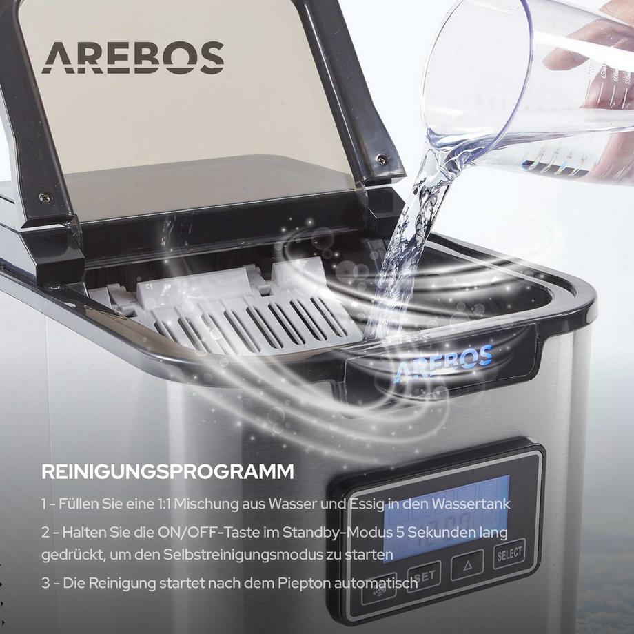 Arebos Eiswürfelmaschine Edehlstahl 2,2L LCD Eiswürfelbereiter Icemaker 12 kg/24h  