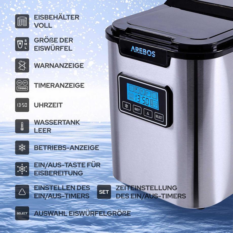 Arebos Eiswürfelmaschine Edehlstahl 2,2L LCD Eiswürfelbereiter Icemaker 12 kg/24h  