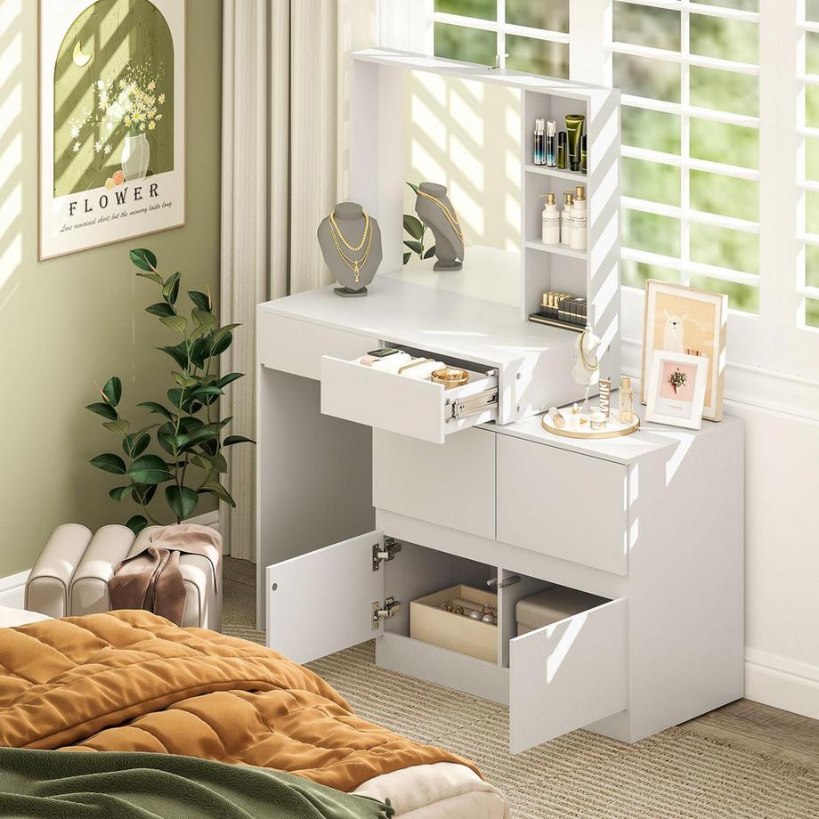 Northio  Coiffeuse table cosmétique avec miroir, mécanismes d'ouverture par pression, options de montage polyvalentes, coiffeuse avec 4 tiroirs, 3 étagères ouvertes et 2 armoires, blanc Aosom 
