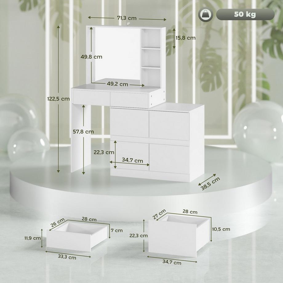 Northio  Coiffeuse table cosmétique avec miroir, mécanismes d'ouverture par pression, options de montage polyvalentes, coiffeuse avec 4 tiroirs, 3 étagères ouvertes et 2 armoires, blanc Aosom 
