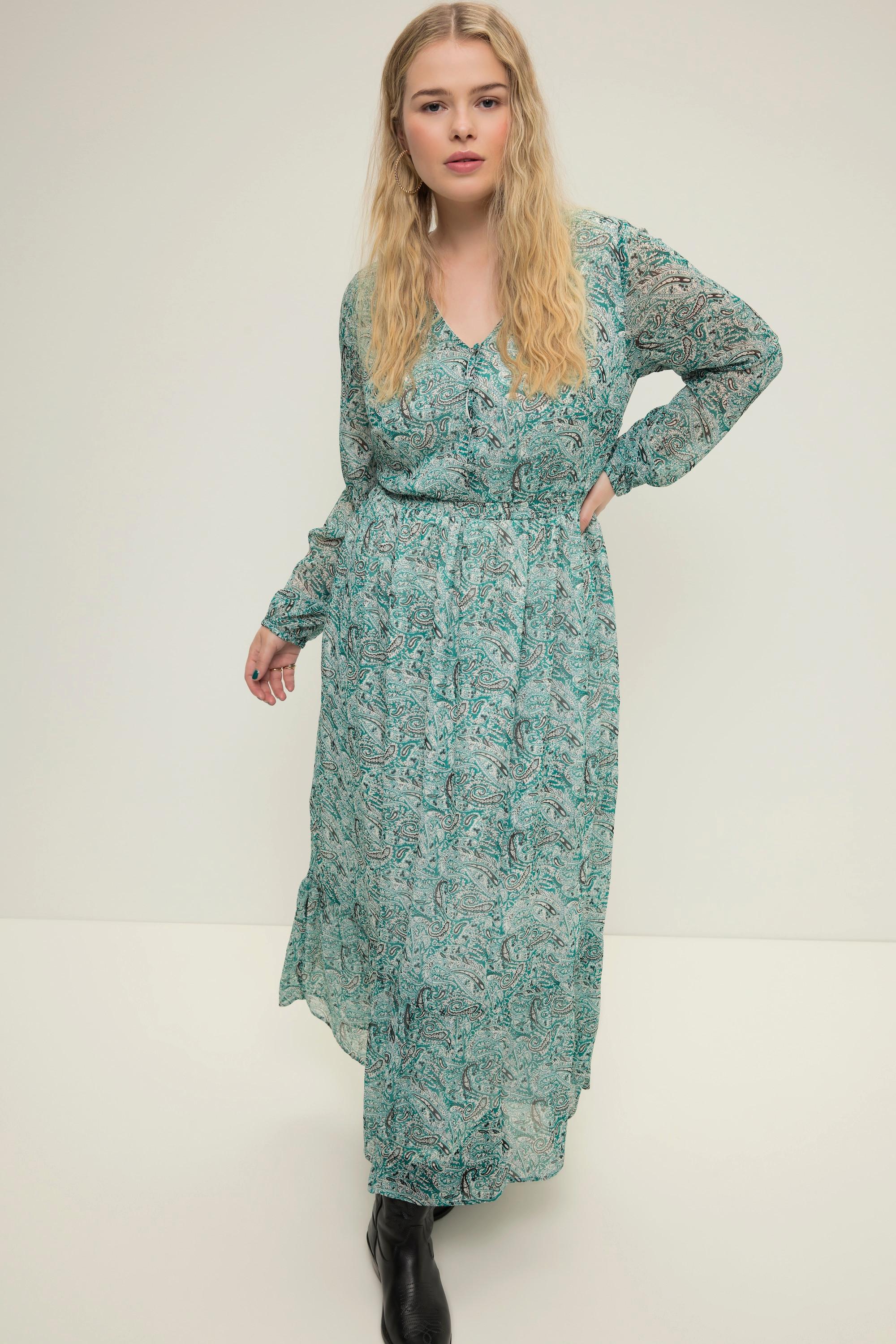 Studio Untold  Robe maxi, coupe évasée, imprimé cachemire, col V, taille élastique, manches longues 