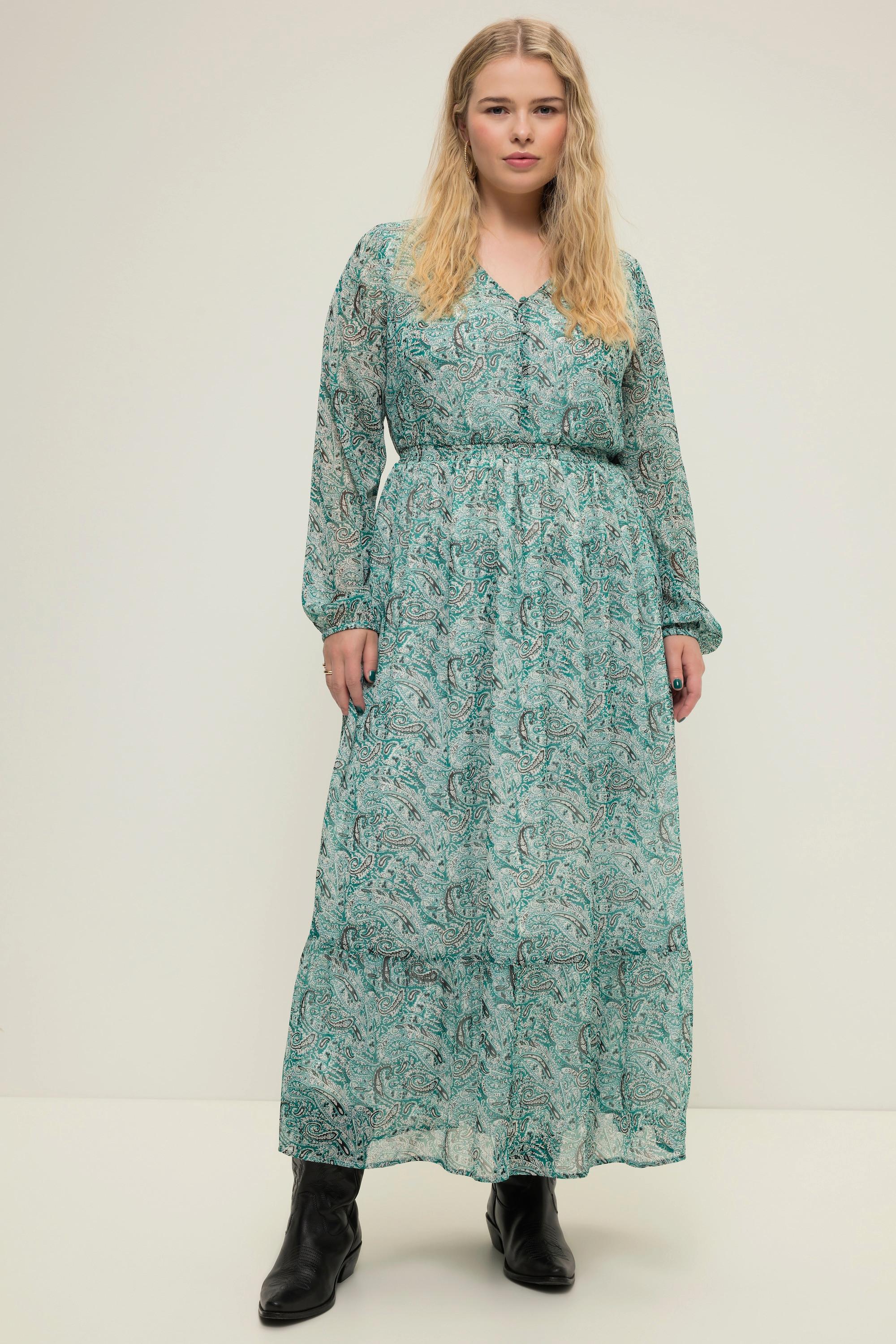 Studio Untold  Robe maxi, coupe évasée, imprimé cachemire, col V, taille élastique, manches longues 