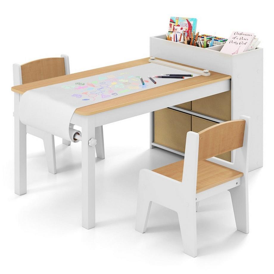 Northix  Kunsttisch- und Stuhlset für Kinder Zeichentisch mit 2 Stühlen Papierrolle und Papierrollenhalter Natur 