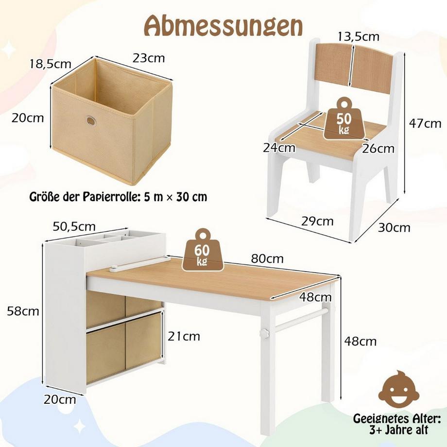 Northix  Kunsttisch- und Stuhlset für Kinder Zeichentisch mit 2 Stühlen Papierrolle und Papierrollenhalter Natur 