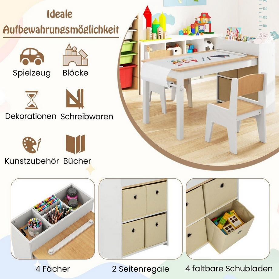 Northix  Kunsttisch- und Stuhlset für Kinder Zeichentisch mit 2 Stühlen Papierrolle und Papierrollenhalter Natur 