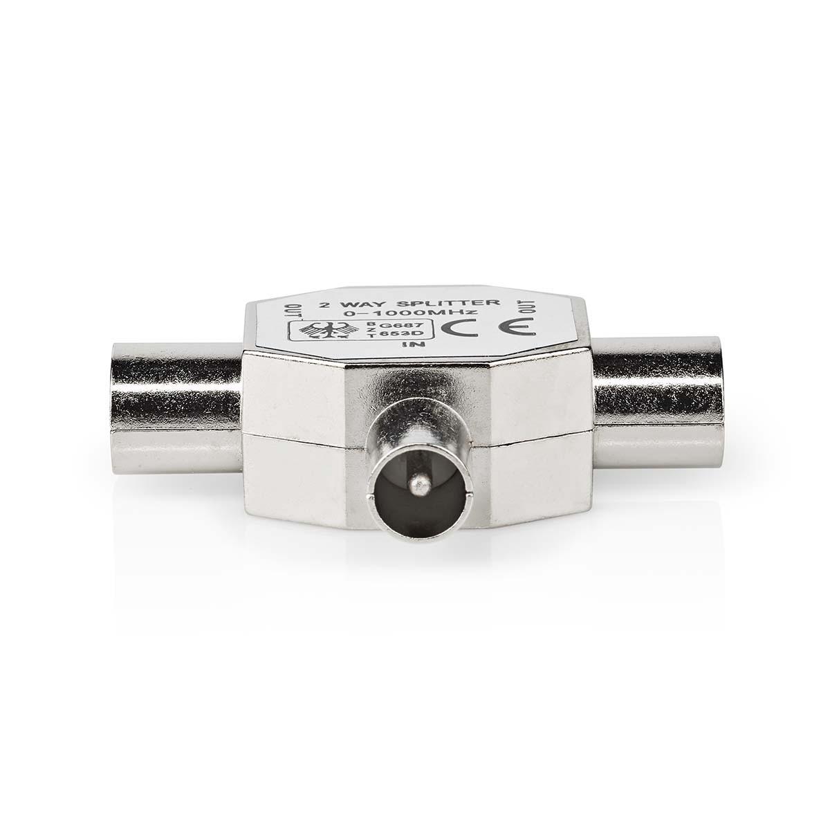 Nedis  Satelliten- & Antennenadapter | IEC (Koax) Stecker | 2x Koax Buchse | vernickelt | 75 Ohm | T-Splitter | Metall | Silber | 1 St. | Box 
