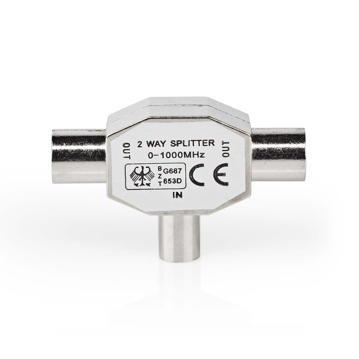 Nedis  Satelliten- & Antennenadapter | IEC (Koax) Stecker | 2x Koax Buchse | vernickelt | 75 Ohm | T-Splitter | Metall | Silber | 1 St. | Box 